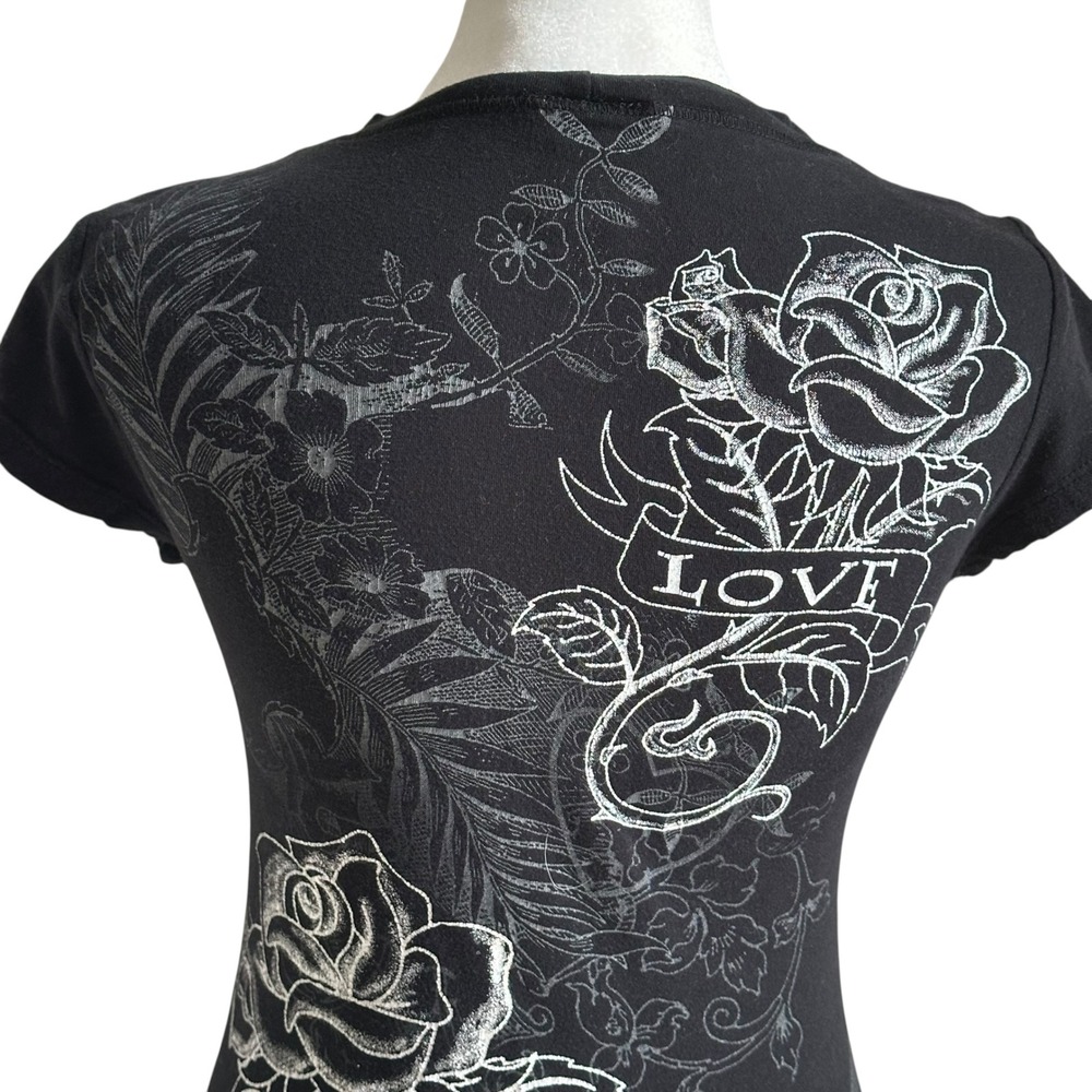 Y2K Tattoo Graphic Rose Love Rhinestone Black Short Sleeve Tee Shirt Women S - Picture 7 of 8